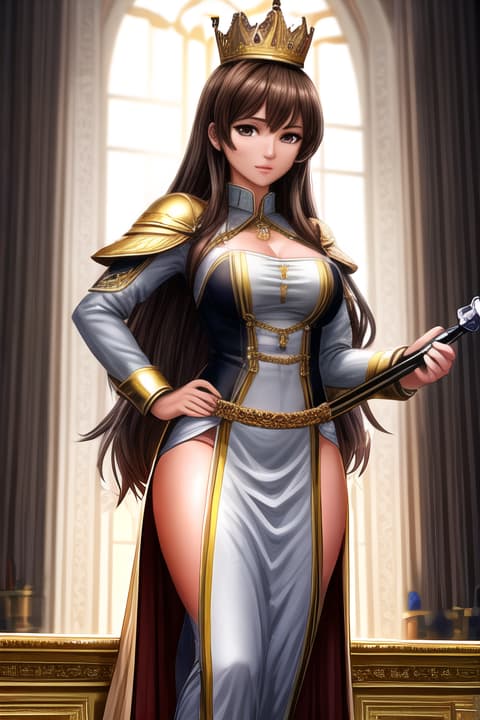  queen, brown hair, gold crown, brown eyes, standing up, holding a sword, at the queen's palace, 8k, high quality, masterpiece, best quality, hd, extremely detailed, volumetric lighting, photorealistic