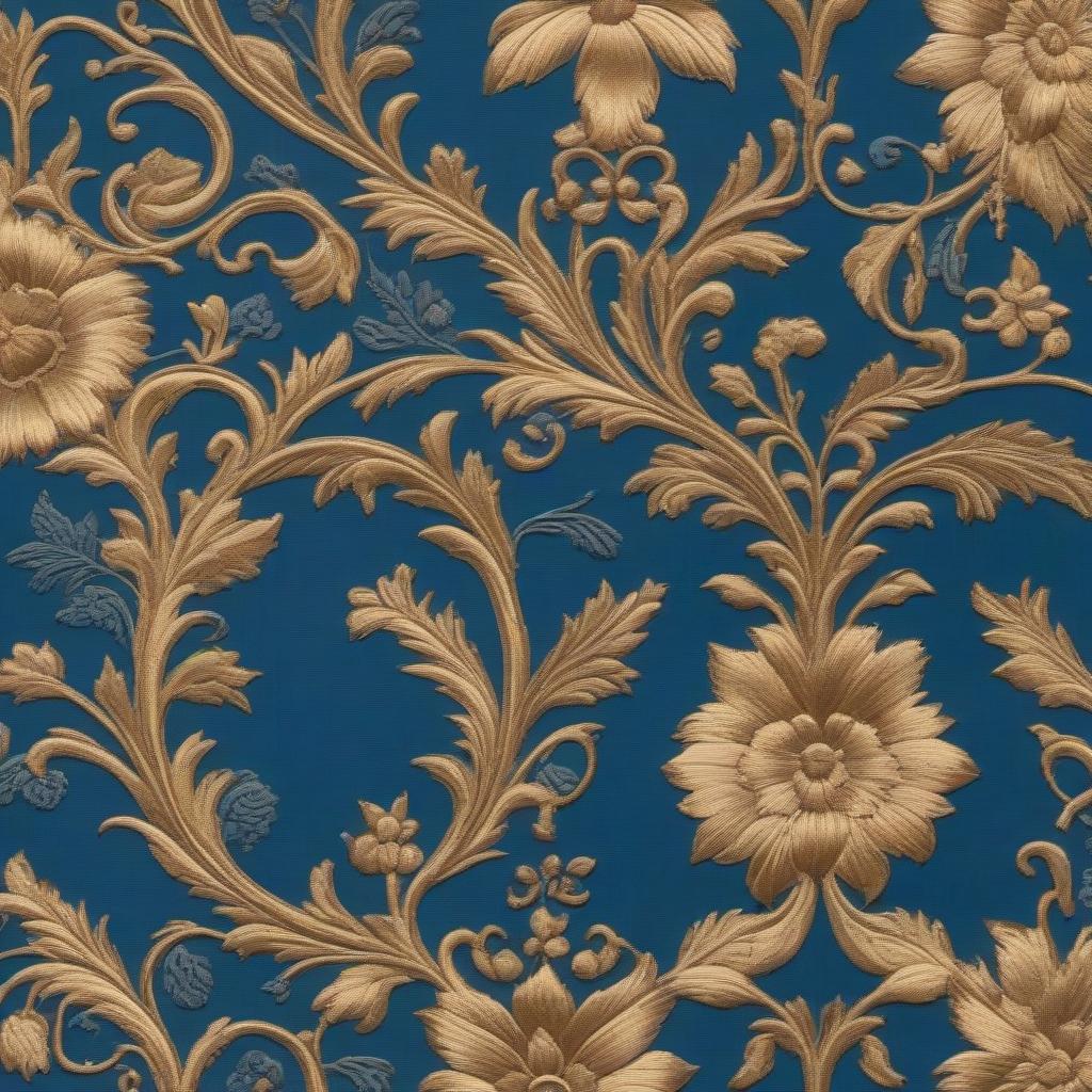  Please create an abstract textile picture for the interior in blue tones, gold colors, sea