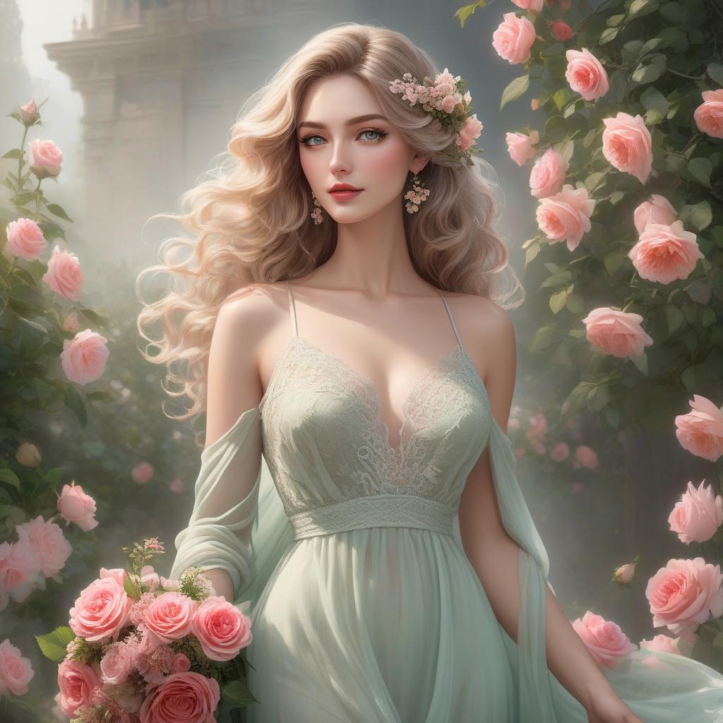  A digital portrait of a woman with green eyes, wavy hair, and flowers adorning her hair and holding a bouquet of roses. Full body portrait of a young woman with a serene and gentle expression. She has soft facial features, large, almond shaped green eyes with dark lashes, and full, natural red lips. Her skin is fair with a warm undertone, and her face is framed by voluminous, wavy, ash blonde hair with lighter highlights, loosely styled, with a few delicate flowers on the right side above her ear. The subject is wearing a light, earth toned summer dress with delicate straps and a plunging neckline. The dress appears to be made of a flowing, sheer material with a subtle floral pattern, and features delicate lace detailing around the edges. H hyperrealistic, full body, detailed clothing, highly detailed, cinematic lighting, stunningly beautiful, intricate, sharp focus, f/1. 8, 85mm, (centered image composition), (professionally color graded), ((bright soft diffused light)), volumetric fog, trending on instagram, trending on tumblr, HDR 4K, 8K