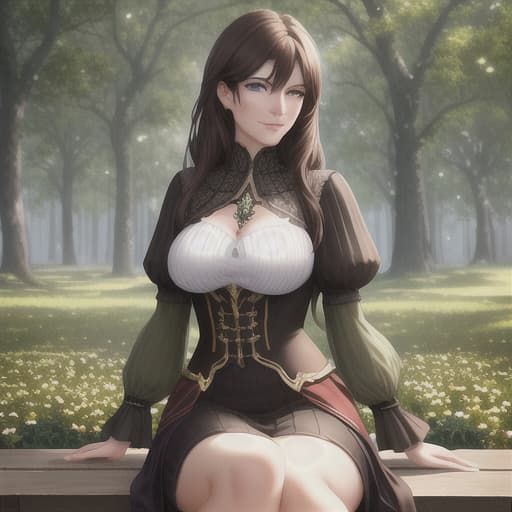  photo of a dark brown haired German woman with green eyes smiling,clothes,in a park,sitting on a bench, masterpiece, best quality, (photorealistic:1.4), perfect lighting, (photorealism:1.4), beautiful, best quality, aesthetic, high quality, best quality, 4k,, perfect lighting, masterpiece, symmetric eyes hyperrealistic, full body, detailed clothing, highly detailed, cinematic lighting, stunningly beautiful, intricate, sharp focus, f/1. 8, 85mm, (centered image composition), (professionally color graded), ((bright soft diffused light)), volumetric fog, trending on instagram, trending on tumblr, HDR 4K, 8K