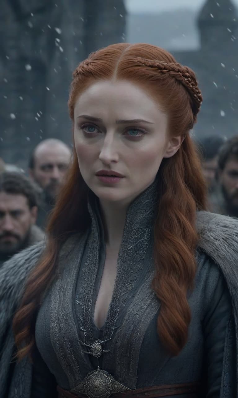  Game of Thrones: Tall Sansa Stark hyperrealistic, full body, detailed clothing, highly detailed, cinematic lighting, stunningly beautiful, intricate, sharp focus, f/1. 8, 85mm, (centered image composition), (professionally color graded), ((bright soft diffused light)), volumetric fog, trending on instagram, trending on tumblr, HDR 4K, 8K