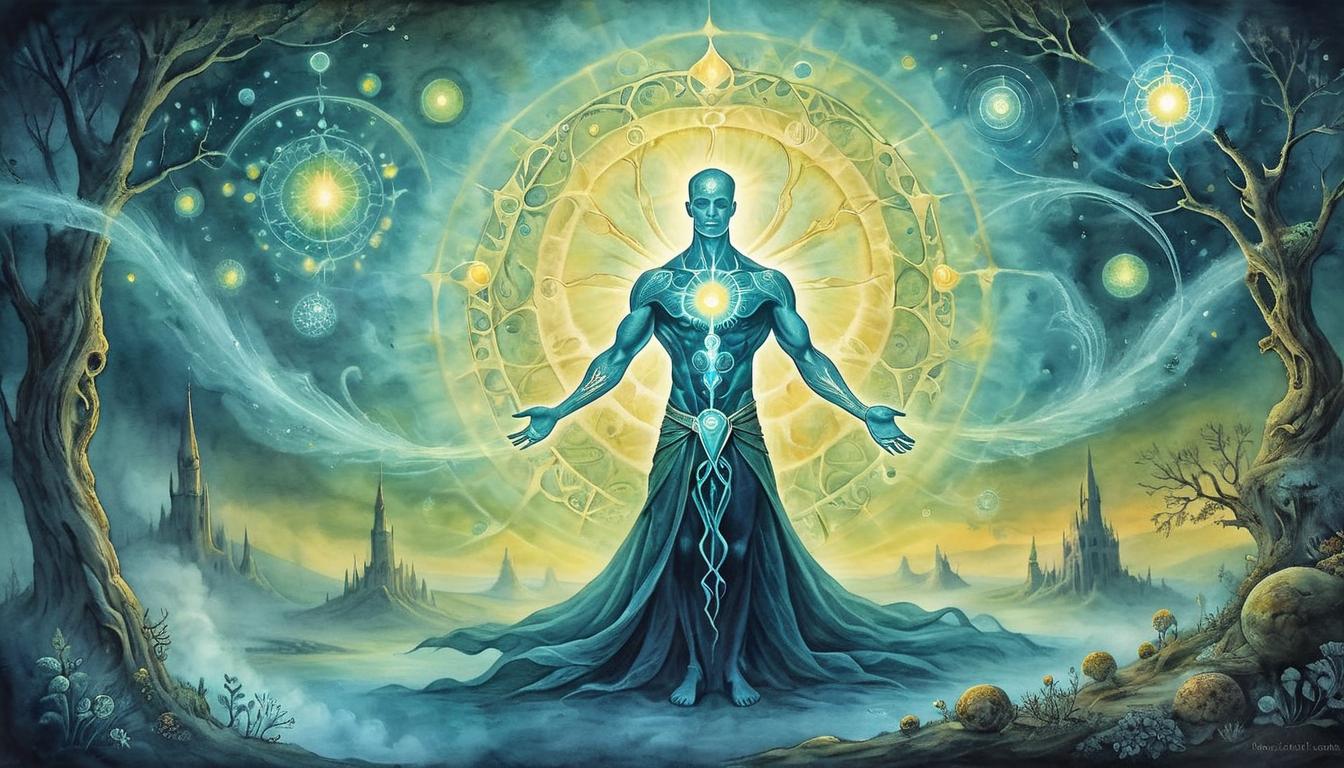  on parchment, surrealism+++, Human body healing and renewing, glowing aura around body, cells visually repairing, rejuvenation, ethereal glow, restorative energy, mystical.(mysterious, provocative, symbolic,muted color)+++