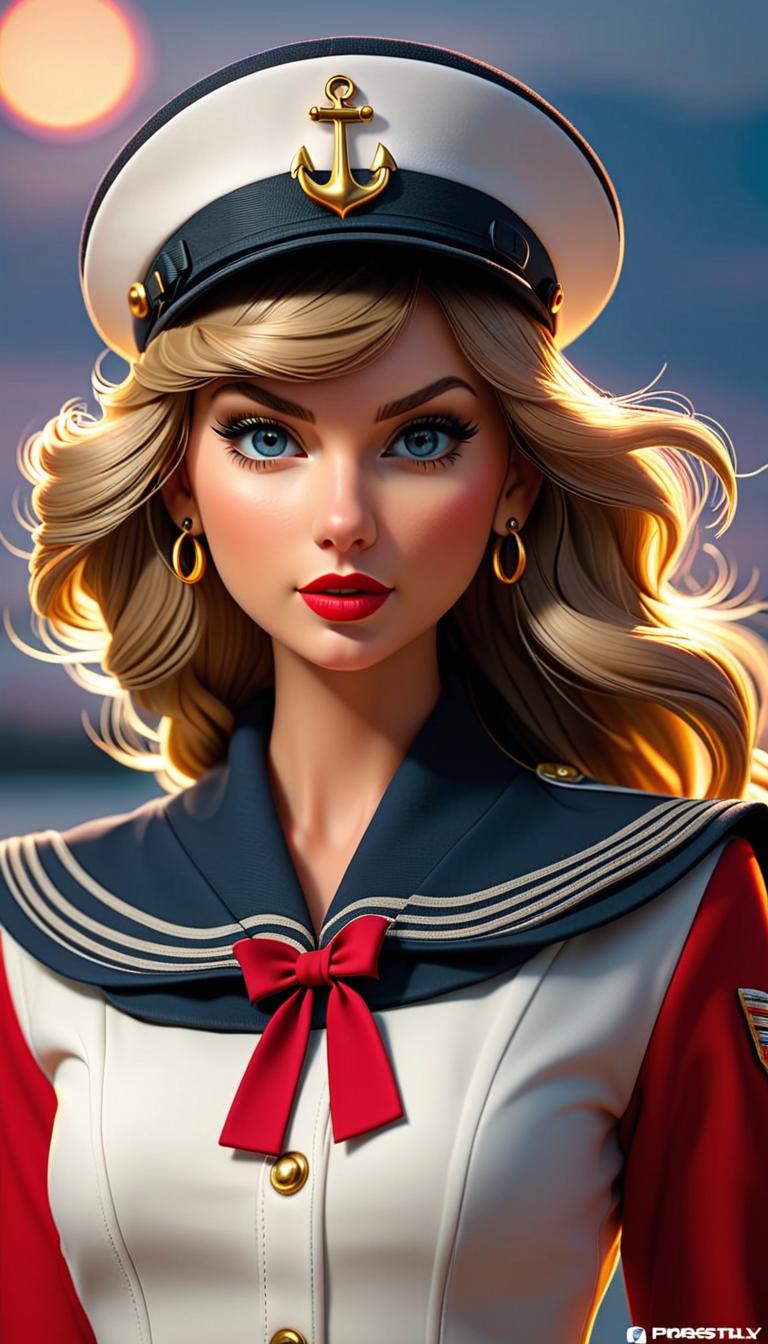  Professional 3D model of Taylor Swift as a sailor . Rendered with Octane, the model is highly detailed,dramatic lighting. hyperrealistic, full body, detailed clothing, highly detailed, cinematic lighting, stunningly beautiful, intricate, sharp focus, f/1. 8, 85mm, (centered image composition), (professionally color graded), ((bright soft diffused light)), volumetric fog, trending on instagram, trending on tumblr, HDR 4K, 8K