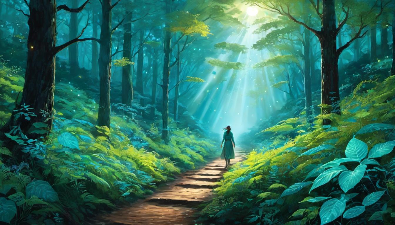  digital illustration, 1woman, walking along a forest path, glowing with bioluminescent flora, ethereal, magical ambiance, discovery, spiritual journey, finding own path, looking at viewer, dynamic pose, (intricate details, masterpiece, best quality)