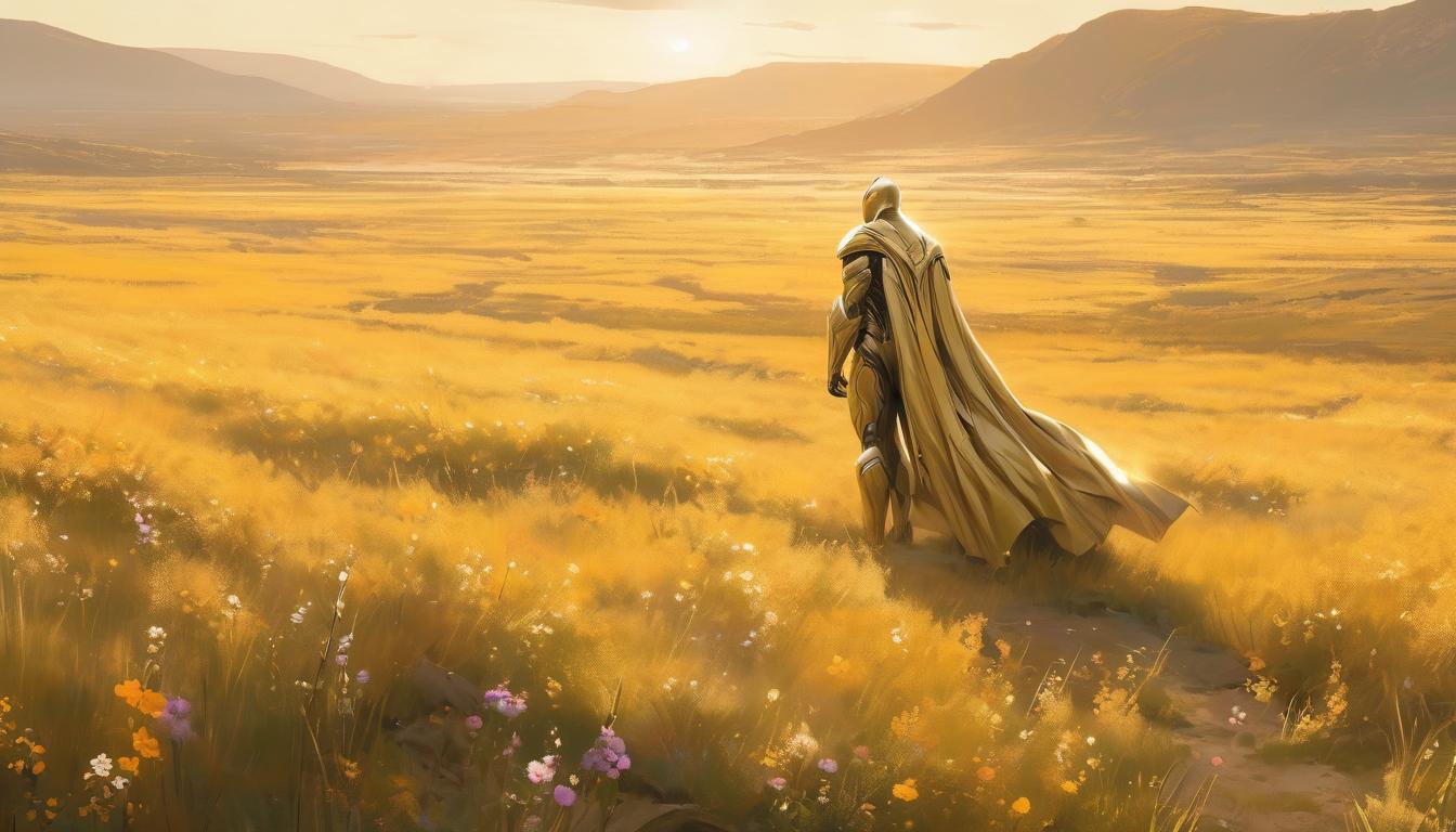  hyperrealism,fantasy aestheticA lone figure walking through a vast open field, detailed grass and wildflowers, soft golden light, sense of ownership of the landscape, tranquil and expansive mood, high tech clothing clad in sleek, futuristic costume with metallic accents and form fitting designs, marvel superhero comics style, unreal engine rendering