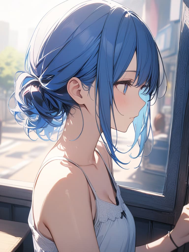  Cute, delicate, blue hair, blue eyes, blueberry, bob hair, young face, camisole, slender, masterpiece, best quality,8k,ultra detailed,high resolution,an extremely delicate and beautiful,hyper detail