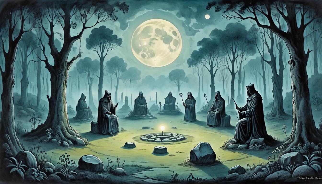  on parchment, surrealism+++, Moonlit glade with ancient stone circle, ethereal light above, shadowy figures in the background, mystical, haunting(mysterious, provocative, symbolic,muted color)+++