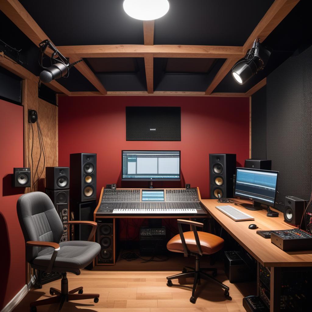  The interior of a small, low-budget recording studio. The space is compact and functional, with essential recording equipment. There's a mixing desk with basic audio controls, a computer, and a couple of monitors. The walls are lined with simple acoustic panels to reduce echo. A microphone is set up on a stand, and there are a couple of instruments like a guitar and keyboard. A small, slightly worn couch is against one wall for seating, and there are some cables and other recording accessories neatly arranged. The ambiance is practical and focused on efficiency. hyperrealistic, full body, detailed clothing, highly detailed, cinematic lighting, stunningly beautiful, intricate, sharp focus, f/1. 8, 85mm, (centered image composition), (professionally color graded), ((bright soft diffused light)), volumetric fog, trending on instagram, trending on tumblr, HDR 4K, 8K