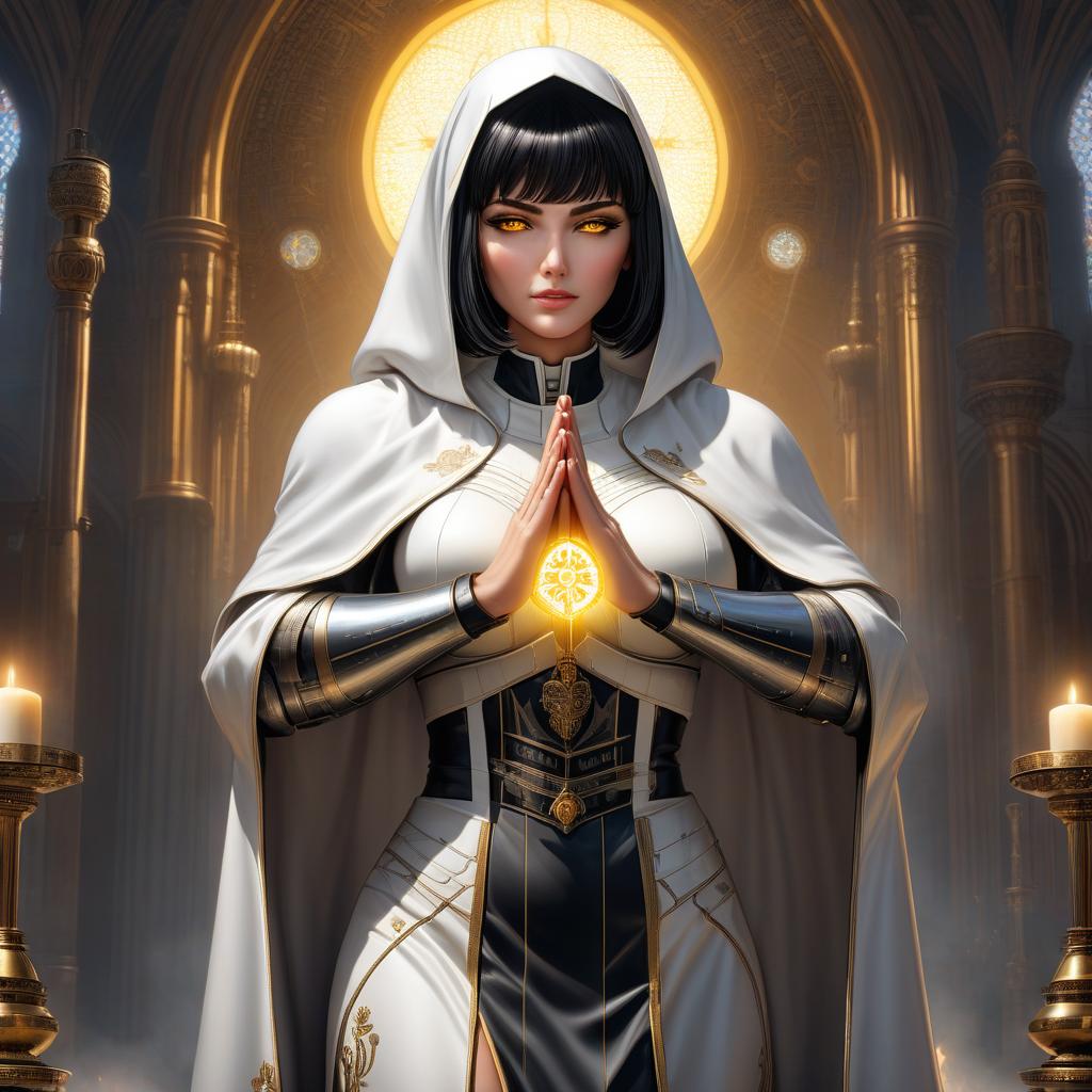  Mature female, big brests, nun, (((full body))), hourglass figure, black hair, bob cut, bright yellow eyes, glowing eyes, (mole under eye), (((scale armor))), white clothing, nun habit, white cloak, looks at viewer, looks down, evil grin, , ((prayer)), hands folded in a prayer gesture, (extremely hyper detailed face), (masterpiece:1.4), (perfect eyes:1.1), (perfect hands), 2d, anime, extremely detailed clothes. hyperrealistic, full body, detailed clothing, highly detailed, cinematic lighting, stunningly beautiful, intricate, sharp focus, f/1. 8, 85mm, (centered image composition), (professionally color graded), ((bright soft diffused light)), volumetric fog, trending on instagram, trending on tumblr, HDR 4K, 8K