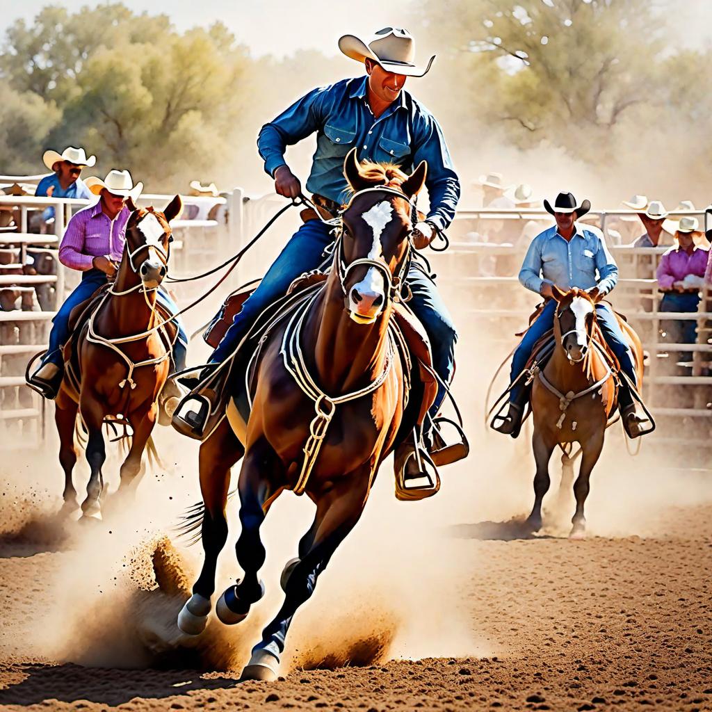  Create a watercolor painting of calf roping at a rodeo. The background features soft, watercolor style splashes in earthy tones, giving the image an artistic and dreamy feel. Ensure the overall image has a delicate watercolor effect.