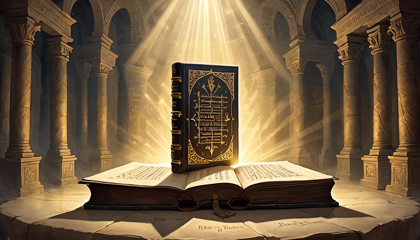  on parchment, surrealism+++, An ancient tome with golden inscriptions, resting on a pedestal, rays of light from above illuminating it, dark shadowy surroundings, aura of mystery and knowledge(mysterious, provocative, symbolic,muted color)+++