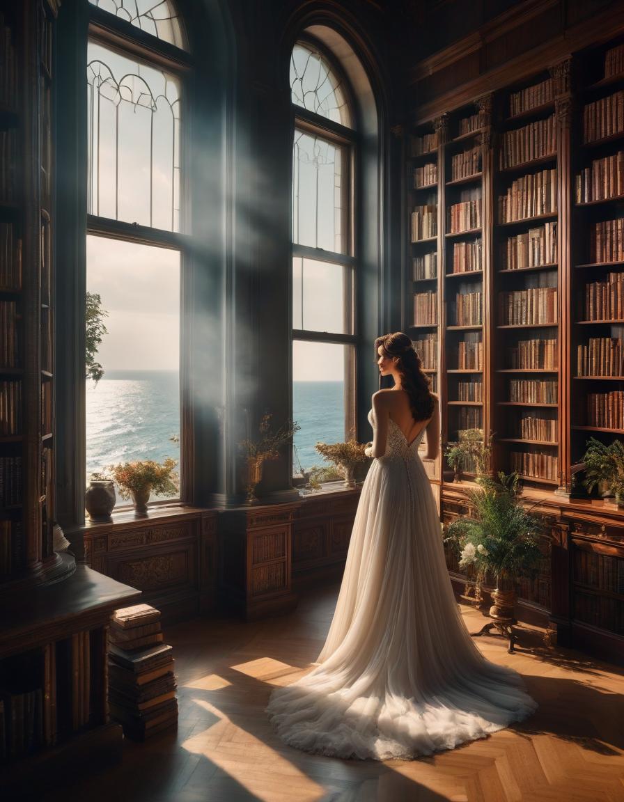  A large window in the room full of bookshelves. Through the window, the sea can be seen. Summer day. hyperrealistic, full body, detailed clothing, highly detailed, cinematic lighting, stunningly beautiful, intricate, sharp focus, f/1. 8, 85mm, (centered image composition), (professionally color graded), ((bright soft diffused light)), volumetric fog, trending on instagram, trending on tumblr, HDR 4K, 8K