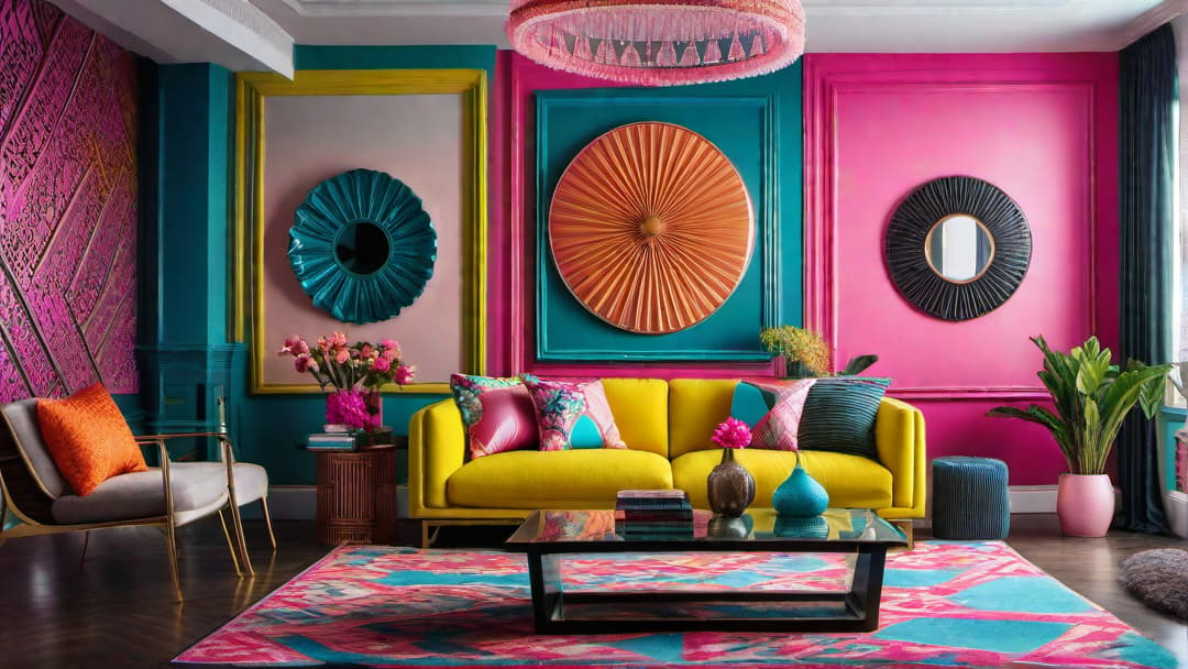  Create an image of an 80s retro inspired living room with bold geometric patterns and bright neon colors. The focal point should be a large overstuffed sofa in a loud floral print, paired with a shaggy rug. Incorporate pop art pieces and neon signage on the walls for a funky and playful vibe. Add metallic finishes like chrome lamps and mirrored coffee tables to capture the glitzy style of the 80s. The atmosphere should exude a mix of nostalgia, fun, and retro charm, characteristic of the era. hyperrealistic, full body, detailed clothing, highly detailed, cinematic lighting, stunningly beautiful, intricate, sharp focus, f/1. 8, 85mm, (centered image composition), (professionally color graded), ((bright soft diffused light)), volumetric fog, trending on instagram, trending on tumblr, HDR 4K, 8K