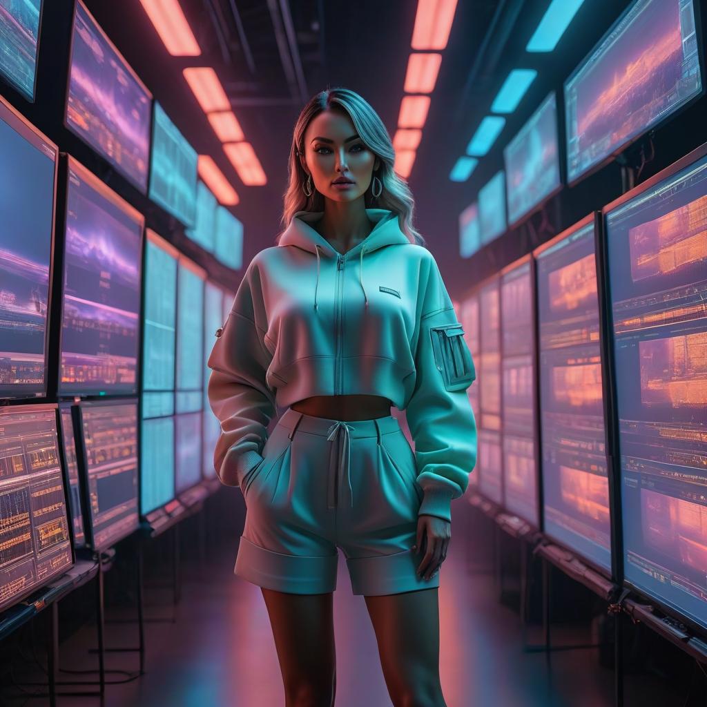  many screens in fluorescent lighting hyperrealistic, full body, detailed clothing, highly detailed, cinematic lighting, stunningly beautiful, intricate, sharp focus, f/1. 8, 85mm, (centered image composition), (professionally color graded), ((bright soft diffused light)), volumetric fog, trending on instagram, trending on tumblr, HDR 4K, 8K