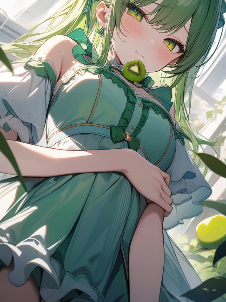  Cute, girl, yellow green eyes, yellow green hair color, kiwi decoration, kiwill fruit, shy face, shy face, half twin tail, green frill dress, masterpiece, best quality,8k,ultra detailed,high resolution,an extremely delicate and beautiful,hyper detail