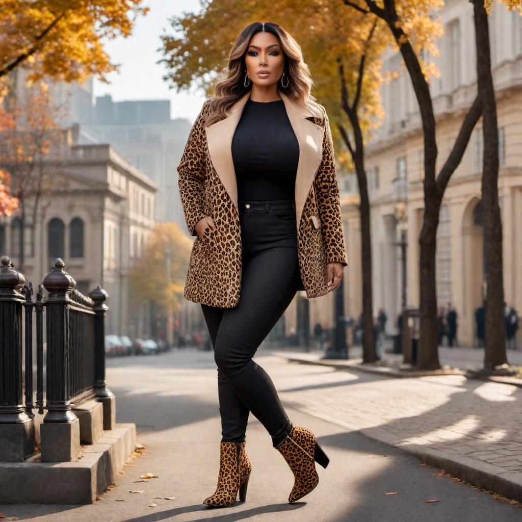  A curvy woman standing and wearing a black top, a beige jacket, black skinny jeans, and leopard print boots. hyperrealistic, full body, detailed clothing, highly detailed, cinematic lighting, stunningly beautiful, intricate, sharp focus, f/1. 8, 85mm, (centered image composition), (professionally color graded), ((bright soft diffused light)), volumetric fog, trending on instagram, trending on tumblr, HDR 4K, 8K