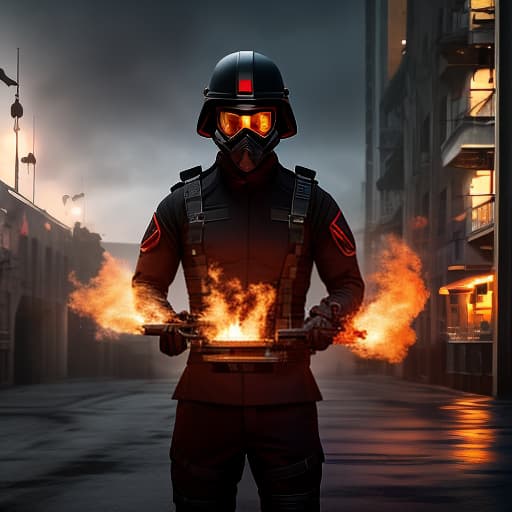  A soldier in a black red uniform and mask, holding fire in his hands, looking into the distance. hyperrealistic, full body, detailed clothing, highly detailed, cinematic lighting, stunningly beautiful, intricate, sharp focus, f/1. 8, 85mm, (centered image composition), (professionally color graded), ((bright soft diffused light)), volumetric fog, trending on instagram, trending on tumblr, HDR 4K, 8K