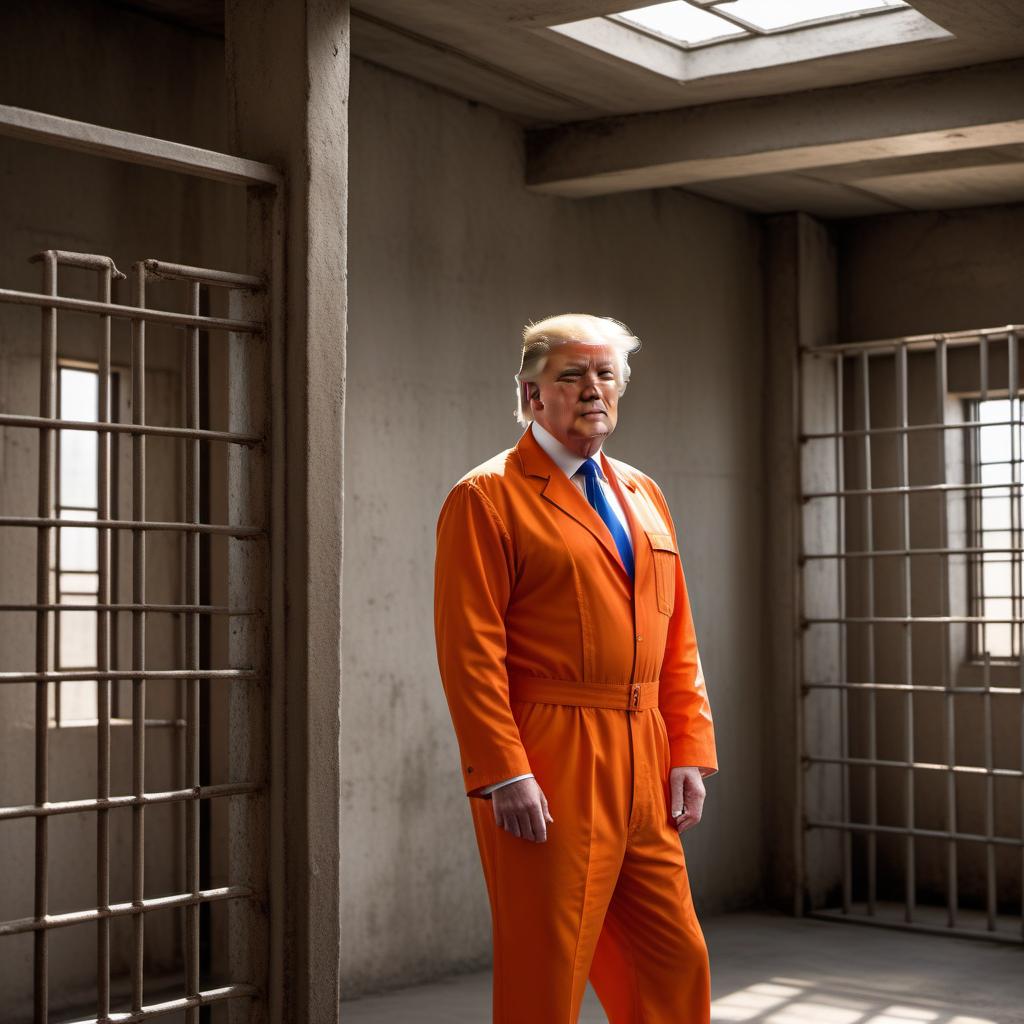  Donald Trump dressed as a prison inmate. He is wearing an orange jumpsuit and standing in a prison cell with bars in the background. He has a somewhat bewildered and humorous expression on his face. The scene should have a light-hearted, exaggerated feel to it. hyperrealistic, full body, detailed clothing, highly detailed, cinematic lighting, stunningly beautiful, intricate, sharp focus, f/1. 8, 85mm, (centered image composition), (professionally color graded), ((bright soft diffused light)), volumetric fog, trending on instagram, trending on tumblr, HDR 4K, 8K