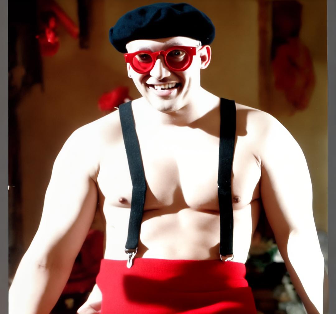  a shirtless bald guy with colgate white skin wearing a beret and suspenders with red glasses