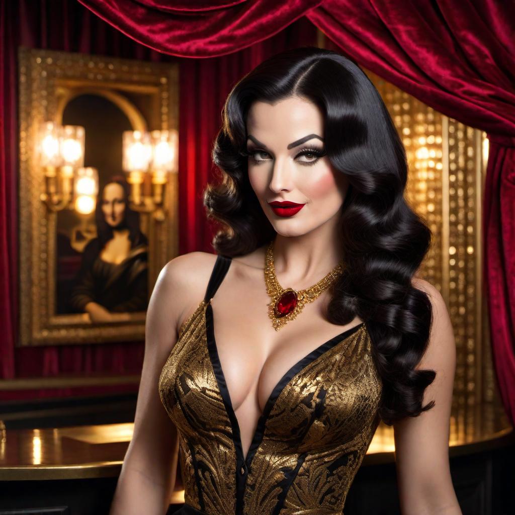  A stunning burlesque dancer in the style of Betty Paige and Norma Jean, with a snarl Mona Lisa smile on her face. She has wavy dark hair, red lipstick, and is dressed in a glamorous black and gold outfit. The background features a vintage keyhole, adding an air of mystery and allure. The scene is set in a 1950s vintage nightclub, with velvet curtains and dim, warm lighting. hyperrealistic, full body, detailed clothing, highly detailed, cinematic lighting, stunningly beautiful, intricate, sharp focus, f/1. 8, 85mm, (centered image composition), (professionally color graded), ((bright soft diffused light)), volumetric fog, trending on instagram, trending on tumblr, HDR 4K, 8K