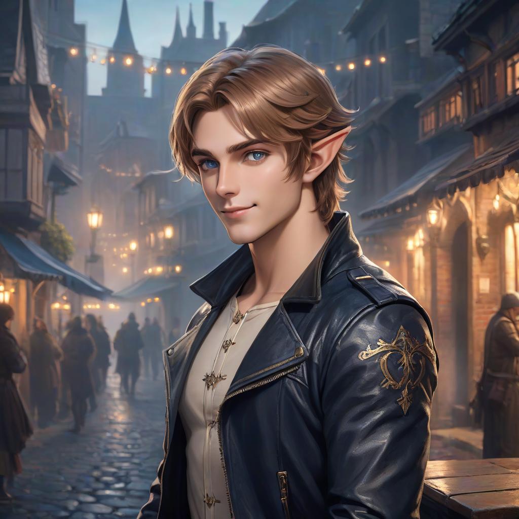  The guy is an elf with light brown hair. The hair is short, slightly curly. The eyes are a bright deep dark blue color. The face is round. He's smiling. His eyes are slyly narrowed. He is confident in himself. He's wearing a black leather jacket. He is an elf assassin hyperrealistic, full body, detailed clothing, highly detailed, cinematic lighting, stunningly beautiful, intricate, sharp focus, f/1. 8, 85mm, (centered image composition), (professionally color graded), ((bright soft diffused light)), volumetric fog, trending on instagram, trending on tumblr, HDR 4K, 8K