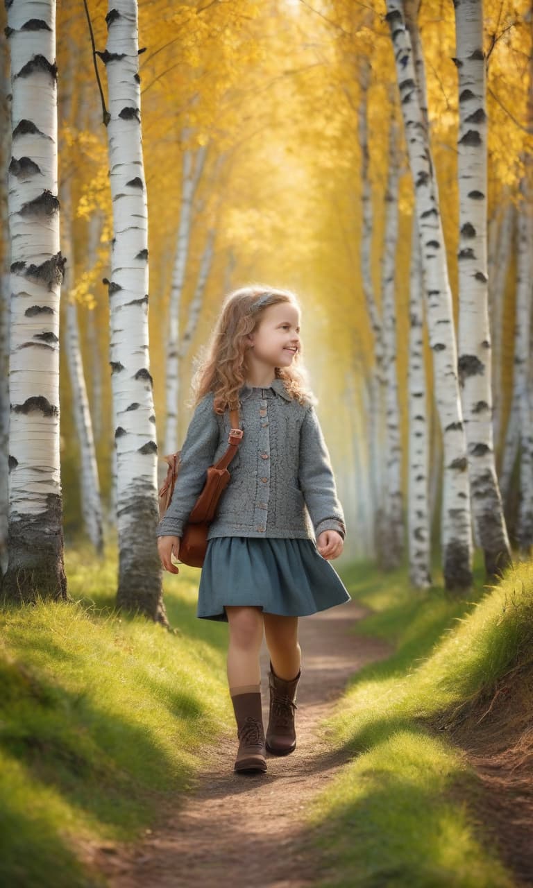  A cheerful Little girl walks along a birch alley, with a satchel hyperrealistic, full body, detailed clothing, highly detailed, cinematic lighting, stunningly beautiful, intricate, sharp focus, f/1. 8, 85mm, (centered image composition), (professionally color graded), ((bright soft diffused light)), volumetric fog, trending on instagram, trending on tumblr, HDR 4K, 8K