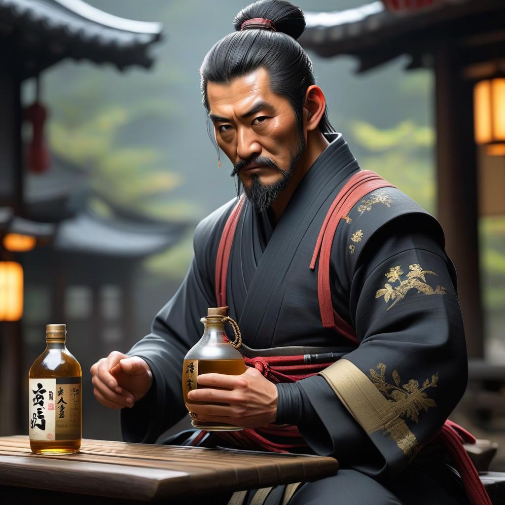  concept art Lonely Ronin with sake Переведите оперативную инструкцию на английский язык. Остановите назад знаки препинания. В ответе должны быть только переводы. [The Lonely Ronin with Sake] (1) [A lone ronin holds a cup of sake] (2) [A solitary Ronin carries a flask of sake] (3) [One solitary Ronin drinks sake] (4) [A Sole Ronin has a cup of sake] (5) [A single Ronin holds a bottle of sake] (6) [A Singly Ronin has a cup of sake] (7) [A Leading Ronin has a cup of sake] (8) [A Grumpy Ronin holds a sake flask] (9) [A Distracted Ronin is drinking sake] (10) [A Lonely Ronin shares sake] (11) [A Defiant Ronin with Sake] (12) [A Fierce R hyperrealistic, full body, detailed clothing, highly detailed, cinematic lighting, stunningly beautiful, intricate, sharp focus, f/1. 8, 85mm, (centered image composition), (professionally color graded), ((bright soft diffused light)), volumetric fog, trending on instagram, trending on tumblr, HDR 4K, 8K