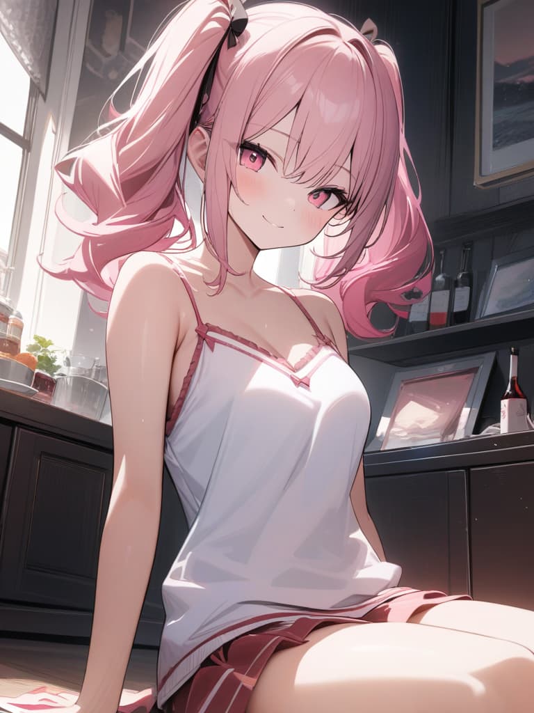  Cute, , thin body, fluffy hair, fluffy long hair, twin tails, pink hair color, pink eyes, sauce, smiles,, ssier, stomach, , camisole, big s, large s, room, masterpiece, best quality,8k,ultra detailed,high resolution,an extremely delicate and beautiful,hyper detail