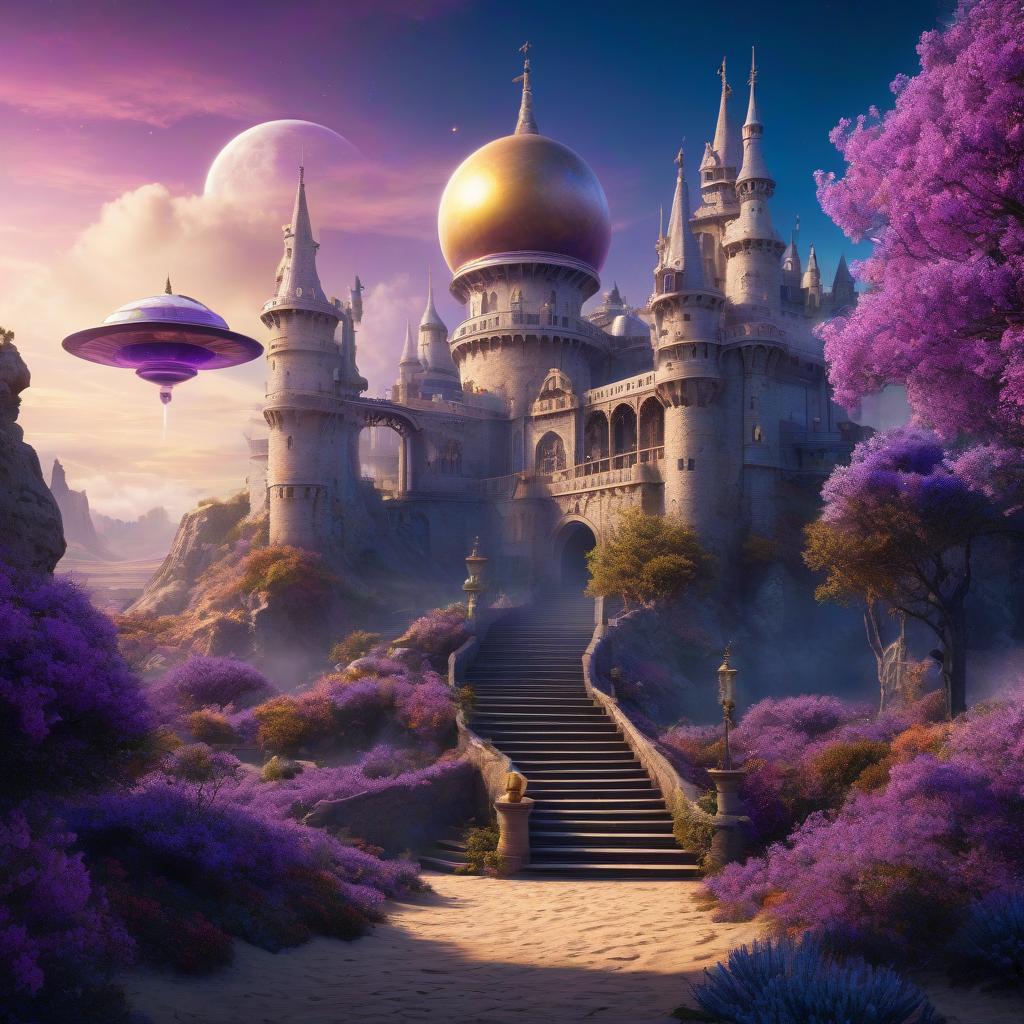  A fantastic fairy tale castle. New technology. Desert. Oasis. There's a sea around. Golden smoke. Sunnyside Attics. The heavenly halls. Sky. Stairway in the sky. Clouds. A masterpiece. Bird. Nightingale. Background: surrealistically abstract. Сanary. Flying saucer. Space, fantasy. Purple, blue, silver colors. Moon. hyperrealistic, full body, detailed clothing, highly detailed, cinematic lighting, stunningly beautiful, intricate, sharp focus, f/1. 8, 85mm, (centered image composition), (professionally color graded), ((bright soft diffused light)), volumetric fog, trending on instagram, trending on tumblr, HDR 4K, 8K