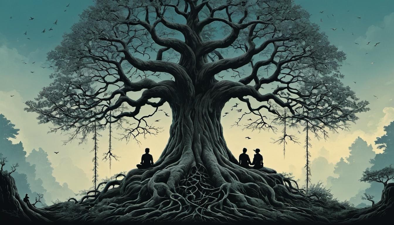  （surrealism)A tree with intertwined branches and roots, figures sitting beneath, unity, growth, well being mystic, intricate details, best quality)