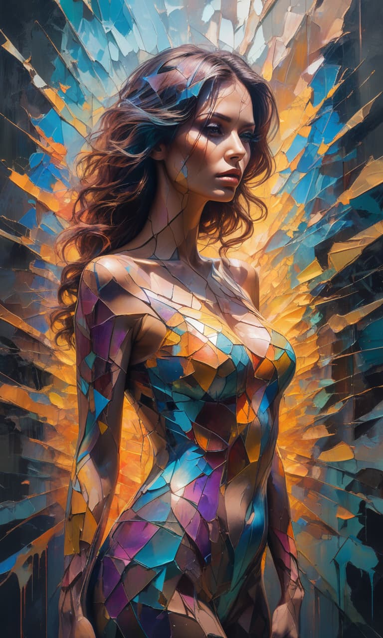  double exposure of acrylic paint, abstract woman’s face, in the style of shattered, segmented cracked skin, vibrant acid colors, volumetric lighting, depressive mood hyperrealistic, full body, detailed clothing, highly detailed, cinematic lighting, stunningly beautiful, intricate, sharp focus, f/1. 8, 85mm, (centered image composition), (professionally color graded), ((bright soft diffused light)), volumetric fog, trending on instagram, trending on tumblr, HDR 4K, 8K