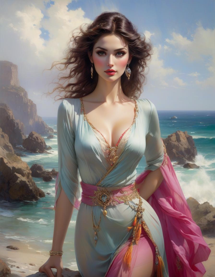  Beautiful Woman, her colors are soft, feminine, stunning and strong, like the ocean behind her, by Pino Daeni, Mark Brooks hyperrealistic, full body, detailed clothing, highly detailed, cinematic lighting, stunningly beautiful, intricate, sharp focus, f/1. 8, 85mm, (centered image composition), (professionally color graded), ((bright soft diffused light)), volumetric fog, trending on instagram, trending on tumblr, HDR 4K, 8K