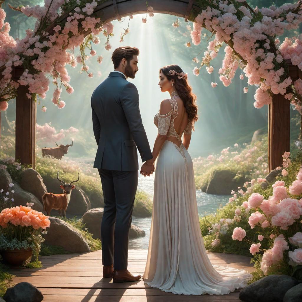  A Taurus couple in love in a lofi fantasy style. They are close together, perhaps embracing or holding hands, in a dreamy, tranquil setting with earthy, magical elements. The environment features floating lights, blooming flowers, gentle streams, and other mystical touches. The scene has a soothing, lofi vibe with the Taurus symbol subtly integrated into the background. hyperrealistic, full body, detailed clothing, highly detailed, cinematic lighting, stunningly beautiful, intricate, sharp focus, f/1. 8, 85mm, (centered image composition), (professionally color graded), ((bright soft diffused light)), volumetric fog, trending on instagram, trending on tumblr, HDR 4K, 8K