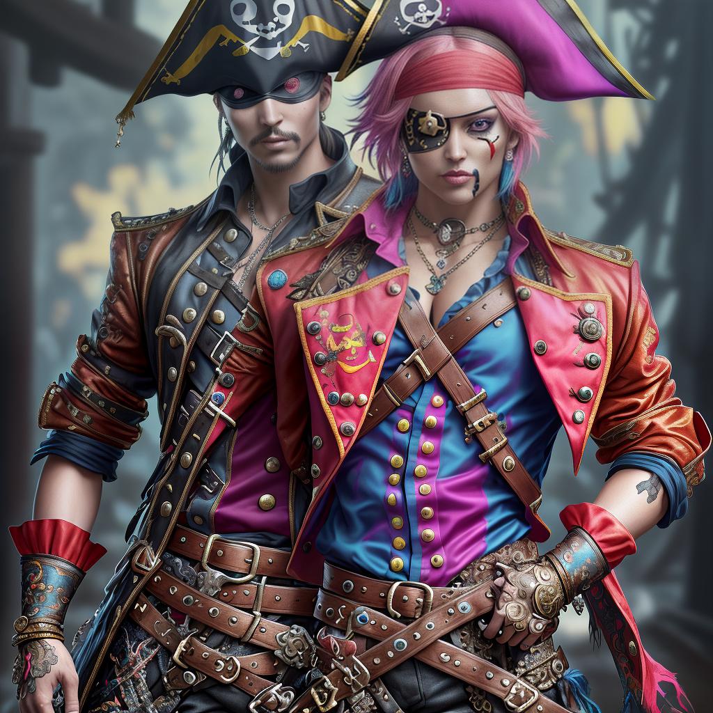  An eyepatch wearing pirate dressed in vibrant AI style colors. This extravagant costume features intricate details, enhanced by light reflecting metal trim. This stunning image is a work of digital art. The image is impeccably detailed and richly colored. Ultra realistic and highly detailed masterpiece, 16k RAW, HDR, award winning digital work.