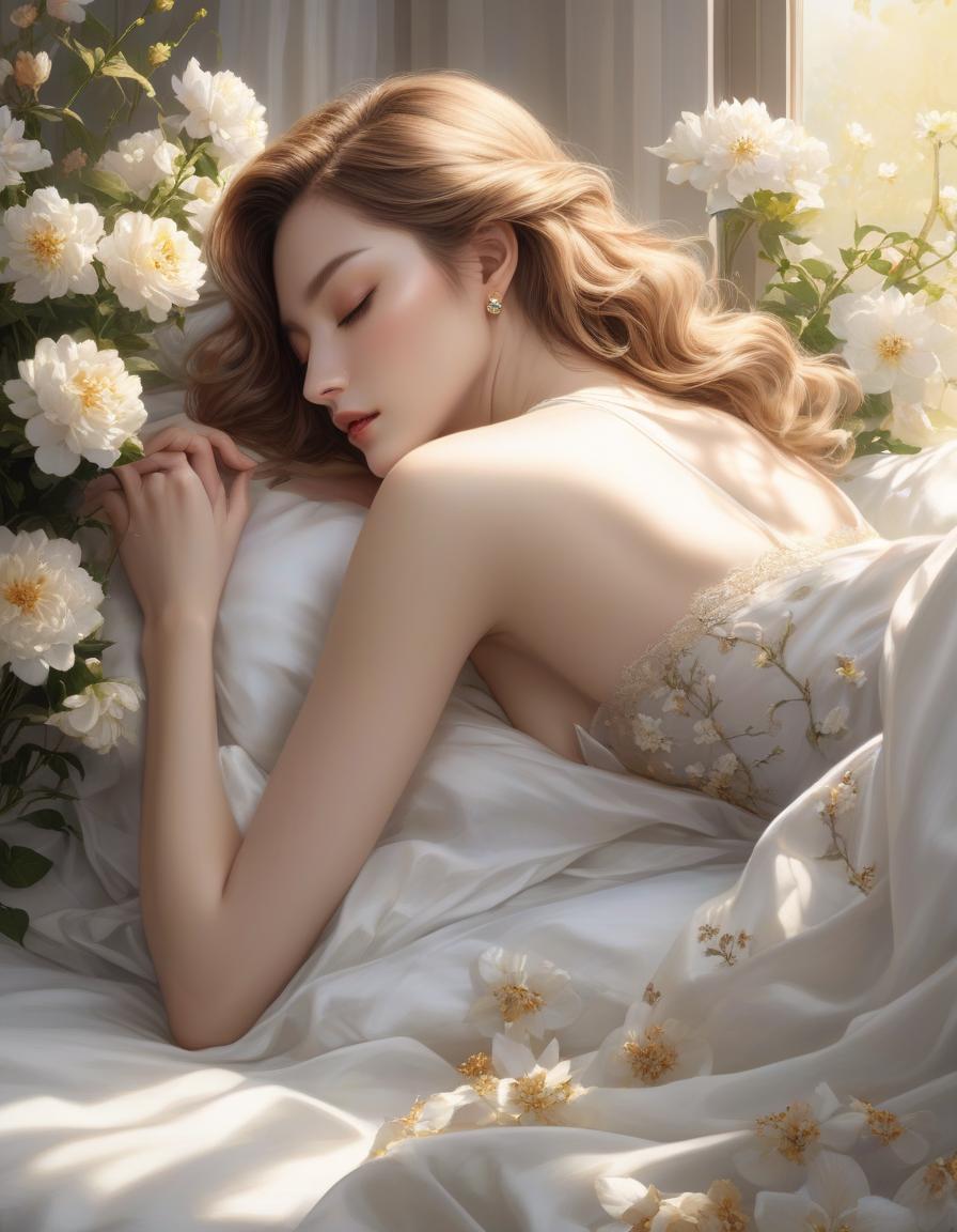  A woman is peacefully asleep amid white sheets and blooming flowers, with soft light streaming through a window. a woman laying on top of a bed next to a window, a photorealistic painting, inspired by Magali Villeneuve, trending on Artstation, fantasy art, girl in a bed of flowers, soft pale golden skin, portrait of a woman sleeping, in the early morning, jingna zhang hyperrealistic, full body, detailed clothing, highly detailed, cinematic lighting, stunningly beautiful, intricate, sharp focus, f/1. 8, 85mm, (centered image composition), (professionally color graded), ((bright soft diffused light)), volumetric fog, trending on instagram, trending on tumblr, HDR 4K, 8K