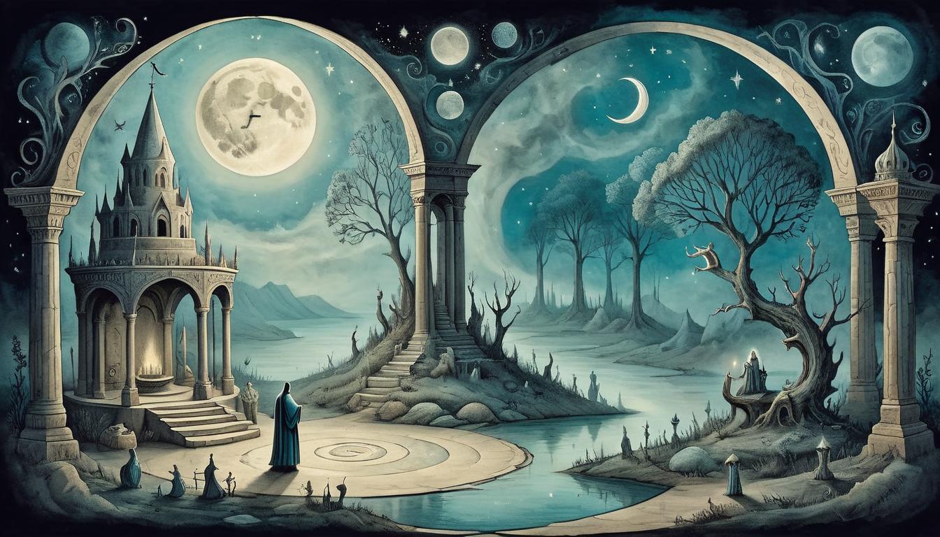  on parchment, surrealism+++, mystical altar under a crescent moon, shimmering light surrounding it, ethereal creatures whispering secrets, surreal, transcendental(mysterious, provocative, symbolic,muted color)+++