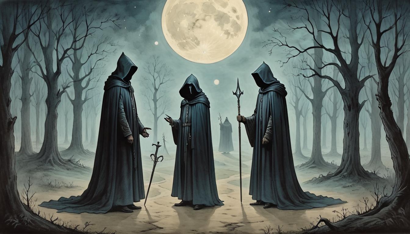  on parchment, surrealism+++, Two cloaked figures standing side by side, one male one female, in a moonlit clearing, silent watchers, solidarity in both good and bad times(mysterious, provocative, symbolic,muted color)+++