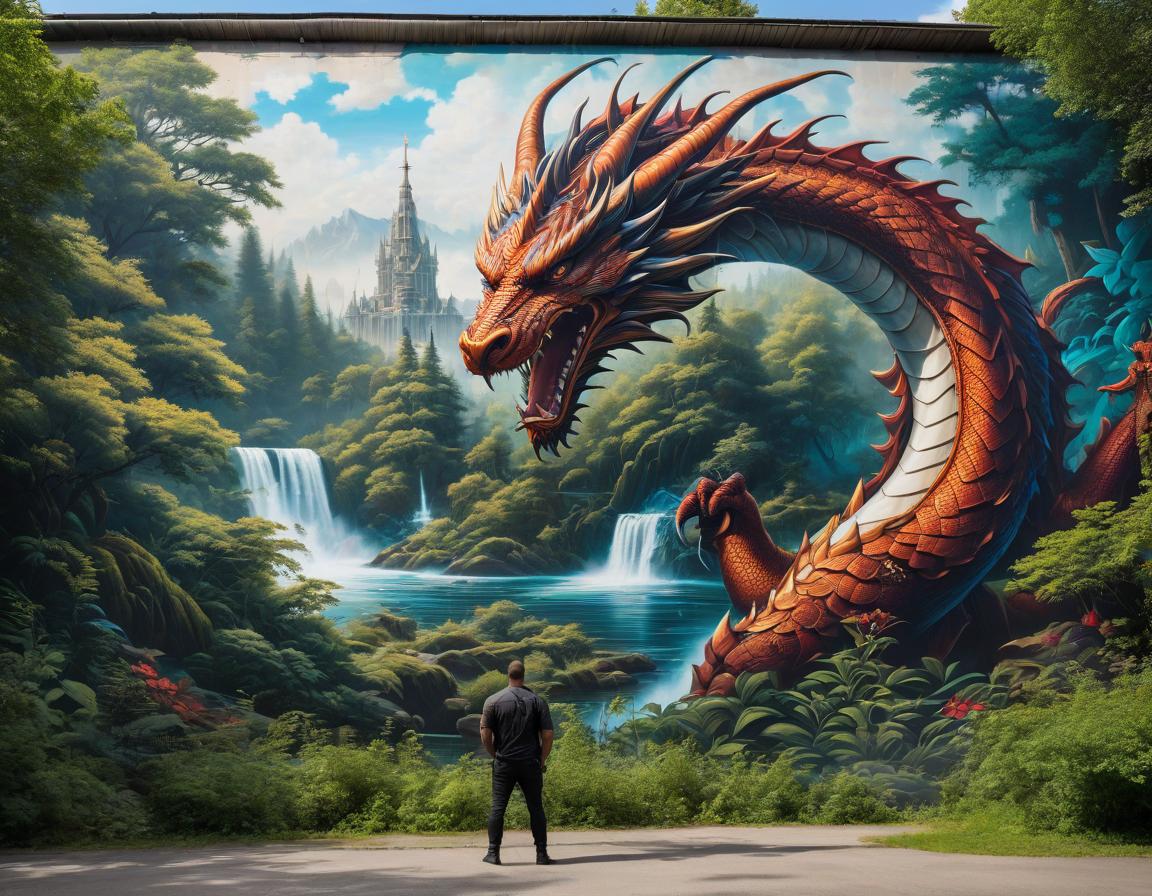  graffiti style A gigantic dragon, intricately detailed, stands in the middle of a forest with a river. On the side, a detailed warrior stands with his sword drawn against the dragon. . street art, vibrant, urban, detailed, tag, mural hyperrealistic, full body, detailed clothing, highly detailed, cinematic lighting, stunningly beautiful, intricate, sharp focus, f/1. 8, 85mm, (centered image composition), (professionally color graded), ((bright soft diffused light)), volumetric fog, trending on instagram, trending on tumblr, HDR 4K, 8K