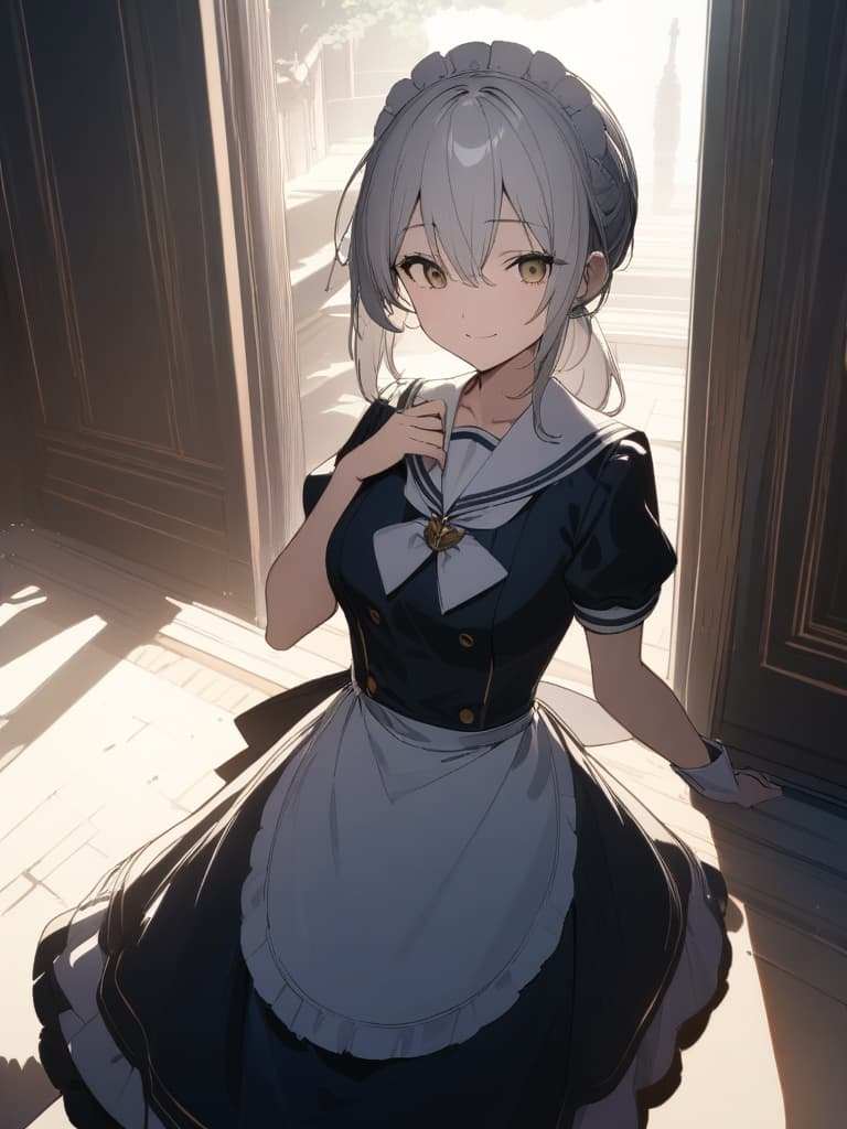  ((Young lady,Young lady ,Noble,Sailor uniform,Noble sailor uniform,Elegant)),Hair in a ponytail and d over her shoulder,Beautiful,Pretty ,Silver hair,Olive eyes,Smile,Handbag,Pure,Young lady's return,Maid and butler welcoming,Maid mob,Butler mob,Entrance to the mansion、ultra detailed,best shadow,cute and beautiful face,(masterpiece:1.2),(best quality:1.2),detailed background,high contrast,(best illumination,an extremely delicate and beautiful),((cinematic light)),hyper detail,dramatic light,intricate details,8k,anime,very aesthetic, masterpiece, best quality,8k,ultra detailed,high resolution,an extremely delicate and beautiful,hyper detail