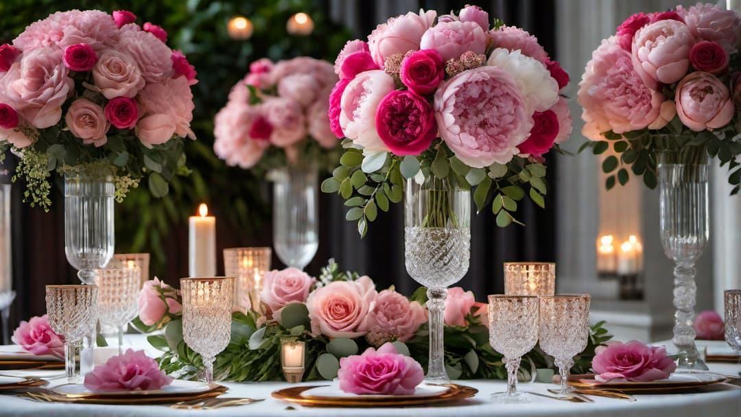  Generate an image of a luxurious wedding centerpiece featuring a lavish arrangement of roses, peonies, and eucalyptus in a crystal vase. Include sparkling votive candles in geometric holders surrounding the floral display. The scene should evoke a romantic and sophisticated ambiance, perfect for a wedding celebration. hyperrealistic, full body, detailed clothing, highly detailed, cinematic lighting, stunningly beautiful, intricate, sharp focus, f/1. 8, 85mm, (centered image composition), (professionally color graded), ((bright soft diffused light)), volumetric fog, trending on instagram, trending on tumblr, HDR 4K, 8K