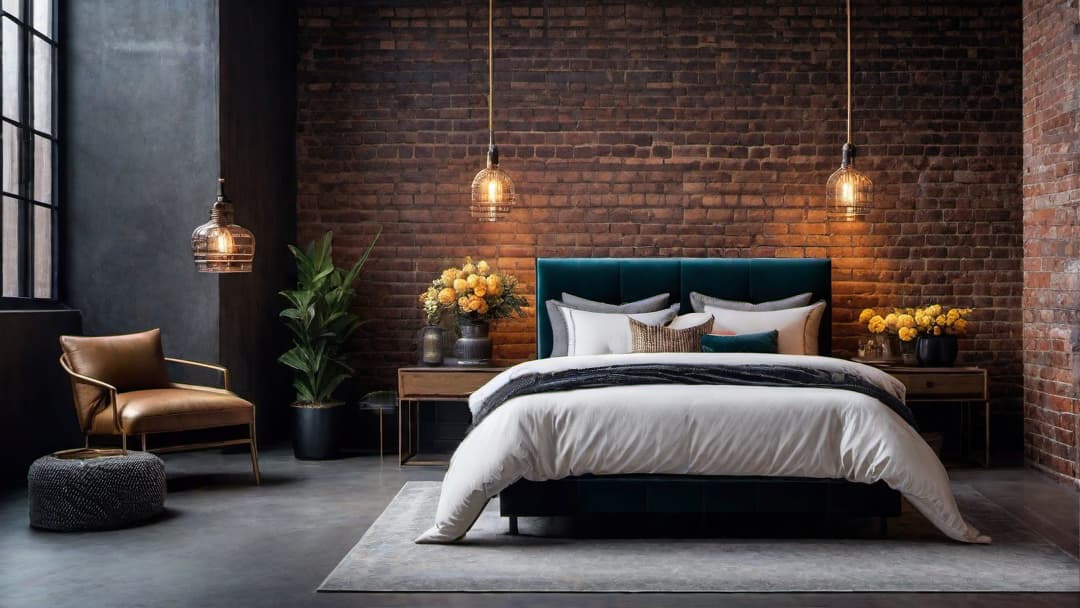  Create an image of an industrial glam bedroom showcasing a sturdy industrial bed frame with a chic industrial headboard. The room should have exposed brick walls, metal accents, and luxurious textiles. Include sophisticated lighting fixtures and decorations, with a color palette that features dark, moody shades and metallic accents. The overall atmosphere should be a cozy yet modern blend of rugged charm and elegance. hyperrealistic, full body, detailed clothing, highly detailed, cinematic lighting, stunningly beautiful, intricate, sharp focus, f/1. 8, 85mm, (centered image composition), (professionally color graded), ((bright soft diffused light)), volumetric fog, trending on instagram, trending on tumblr, HDR 4K, 8K