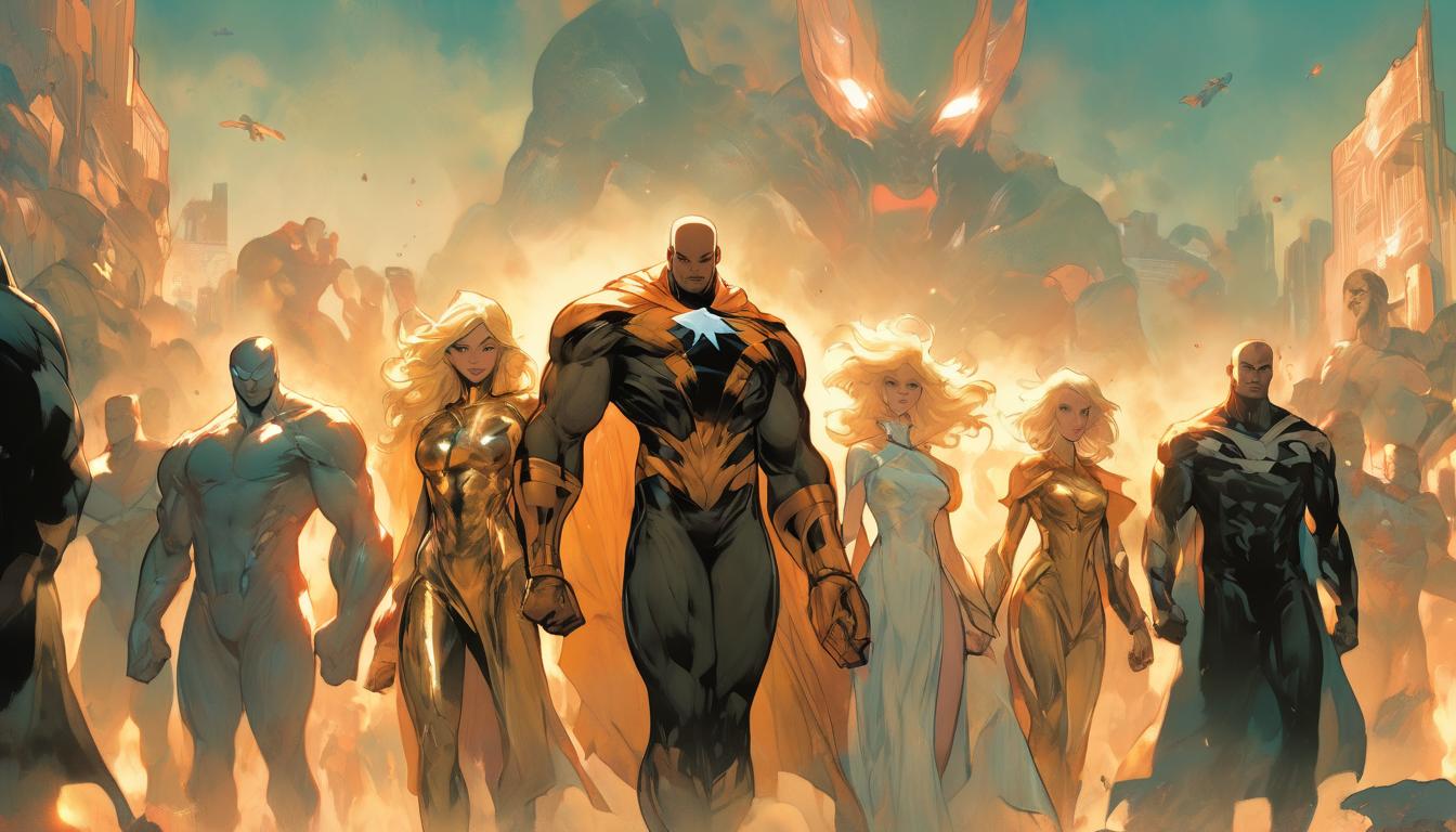  hyperrealism,fantasy aesthetic1man1woman, attractive blonde man humanoid and large busted blonde arian female humanoids, guiding a group of followers, leading towards a bright light, inspiring scenery, high tech clothing clad in sleek, futuristic costume with metallic accents and form fitting designs, marvel superhero comics style, unreal engine rendering