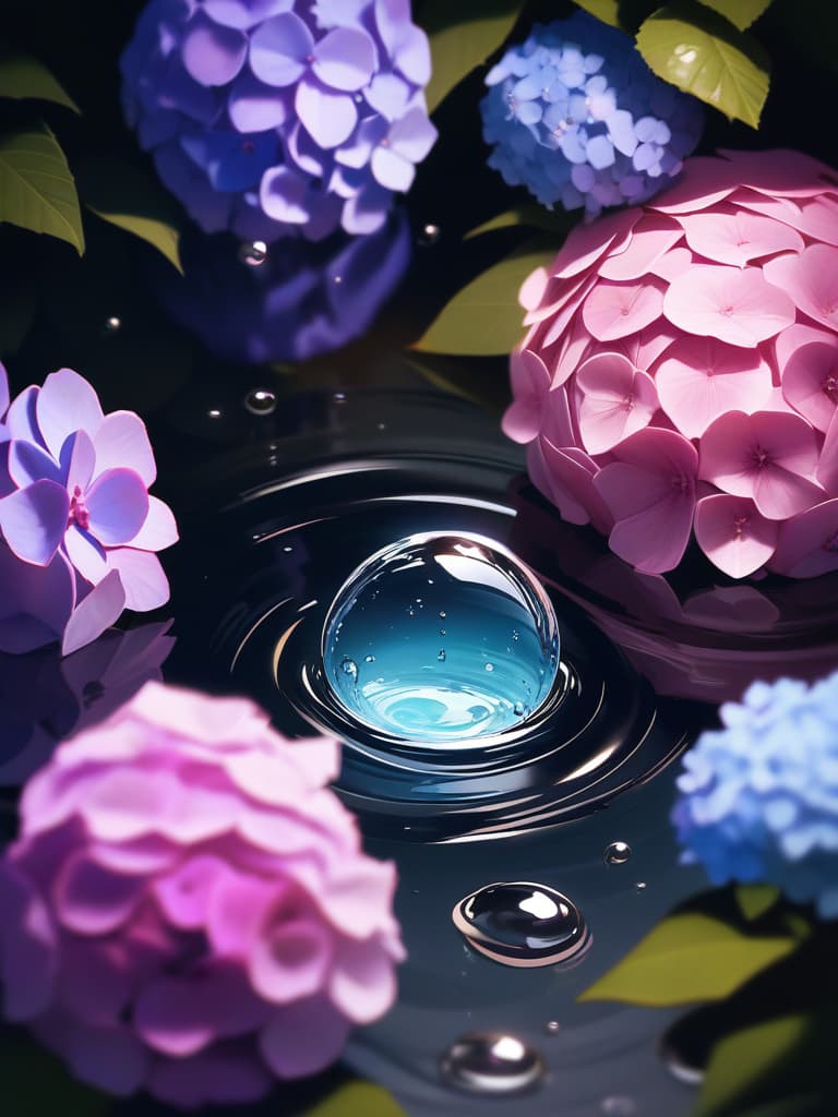  Masterpiece,Realistic,(((One water drop photo))),(((One spherical water drop))),(((Landscape in a drop of water: Hydrangea))),(((The world of one drop of water))),((( Jet black outside the world of drop of water)))1.5,High image quality,8K, masterpiece, best quality,8k,ultra detailed,high resolution,an extremely delicate and beautiful,hyper detail