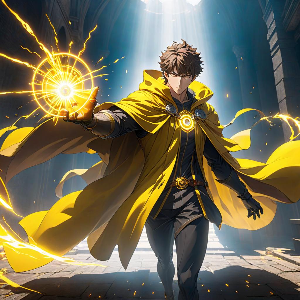  anime artwork A calm man in a cloak shoots yellow energy from his hands at enemies. . anime style, key visual, vibrant, studio anime, highly detailed hyperrealistic, full body, detailed clothing, highly detailed, cinematic lighting, stunningly beautiful, intricate, sharp focus, f/1. 8, 85mm, (centered image composition), (professionally color graded), ((bright soft diffused light)), volumetric fog, trending on instagram, trending on tumblr, HDR 4K, 8K