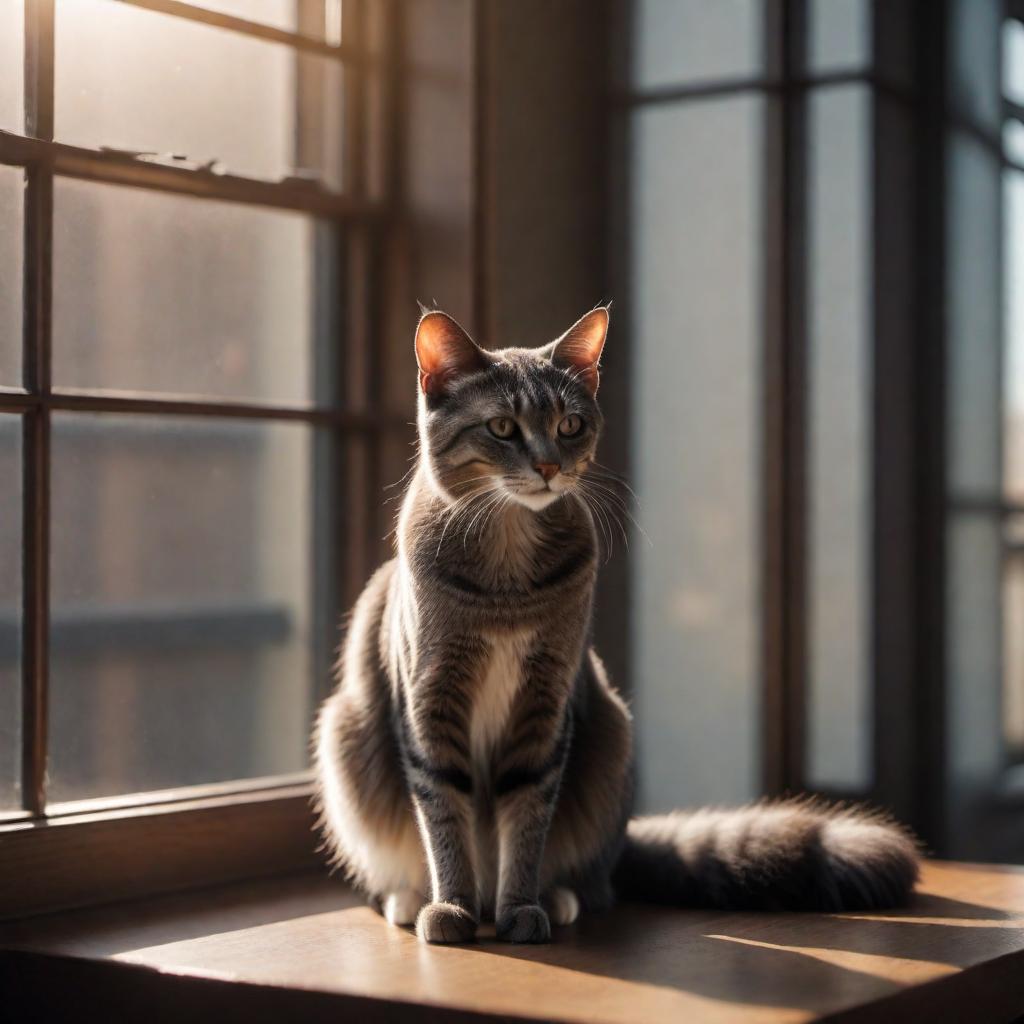  A sad, skinny cat sitting alone in a dimly lit room, looking out of a window with longing in its eyes. hyperrealistic, full body, detailed clothing, highly detailed, cinematic lighting, stunningly beautiful, intricate, sharp focus, f/1. 8, 85mm, (centered image composition), (professionally color graded), ((bright soft diffused light)), volumetric fog, trending on instagram, trending on tumblr, HDR 4K, 8K