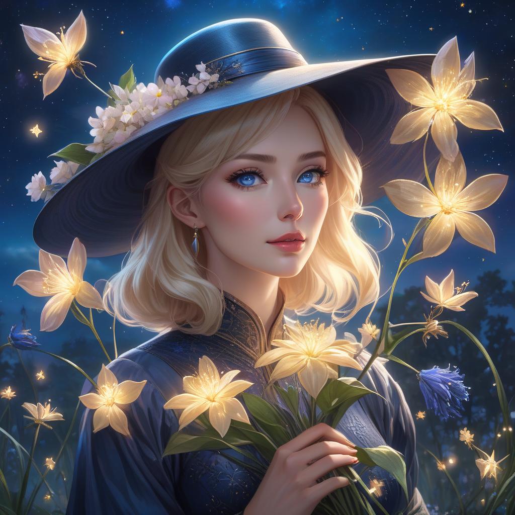  concept art A lady in a hat holding flowers against a beautiful dark blue evening Sky With fireflies and many stars in the sky and the flower he was holding was shining brightly And there are many shooting stars in the sky He has blonde hair and blue eyes, 8k resolution holographic astral cosmic illustration mixed media by Pablo Amaringo . digital artwork, illustrative, painterly, matte painting, highly detailed hyperrealistic, full body, detailed clothing, highly detailed, cinematic lighting, stunningly beautiful, intricate, sharp focus, f/1. 8, 85mm, (centered image composition), (professionally color graded), ((bright soft diffused light)), volumetric fog, trending on instagram, trending on tumblr, HDR 4K, 8K