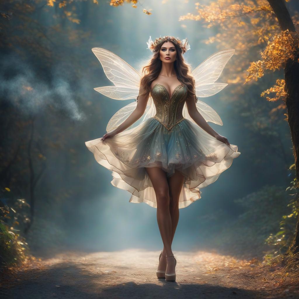  The fairy is spell casting in the air. hyperrealistic, full body, detailed clothing, highly detailed, cinematic lighting, stunningly beautiful, intricate, sharp focus, f/1. 8, 85mm, (centered image composition), (professionally color graded), ((bright soft diffused light)), volumetric fog, trending on instagram, trending on tumblr, HDR 4K, 8K