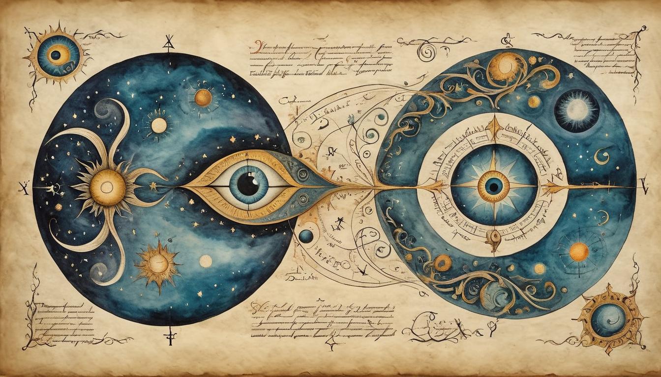  on parchment, surrealism+++, Odin's eye, cosmic perspective, intertwined elements, mystical vision, seeing interconnectedness(mysterious, provocative, symbolic,muted color)+++