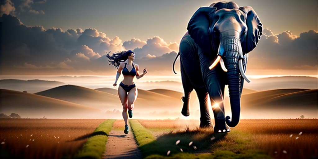  Imagine a scene where a ,woman, is running in a field with an elephant behind her. What could have led to this situation? What is the woman feeling? Explore the potential story behind this unusual event. hyperrealistic, full body, detailed clothing, highly detailed, cinematic lighting, stunningly beautiful, intricate, sharp focus, f/1. 8, 85mm, (centered image composition), (professionally color graded), ((bright soft diffused light)), volumetric fog, trending on instagram, trending on tumblr, HDR 4K, 8K