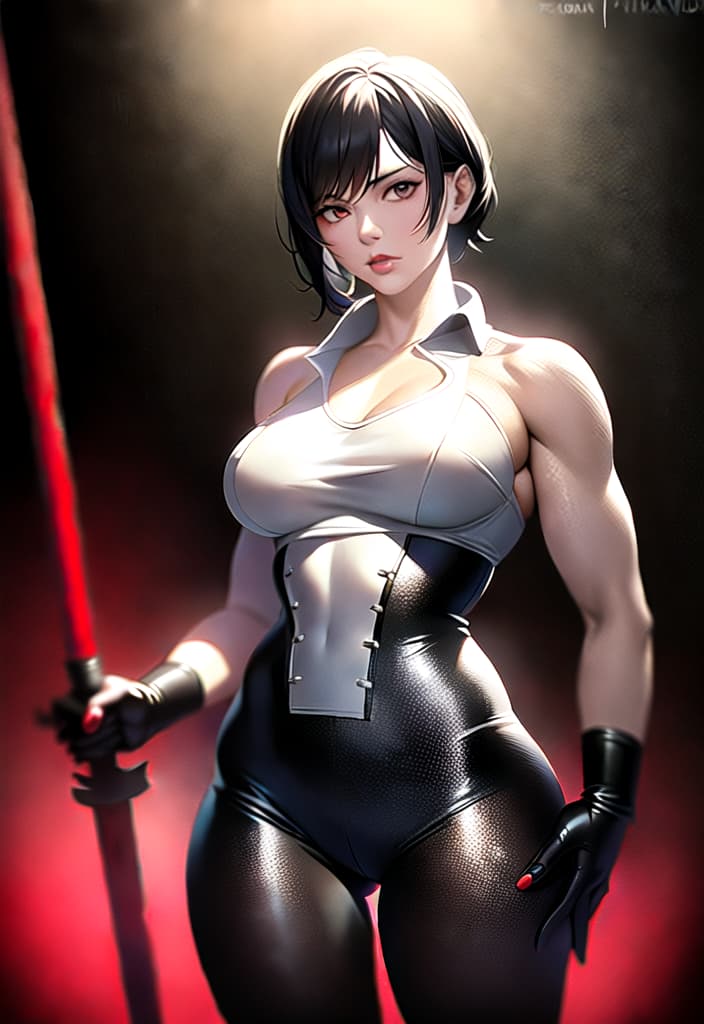  Black hair, berry short hair, beautiful woman, white dress shirt, red corset, black leather pants, muscles, always have Japanese swords, Be sure to draw from the head to the thigh, the background is outdoor, (Masterpiece, BestQuality:1.3), (ultra detailed:1.2), (hyperrealistic:1.3), (RAW photo:1.2),High detail RAW color photo, professional photograph, (Photorealistic:1.4), (realistic:1.4), ,professional lighting, (japanese), beautiful face, (realistic face)